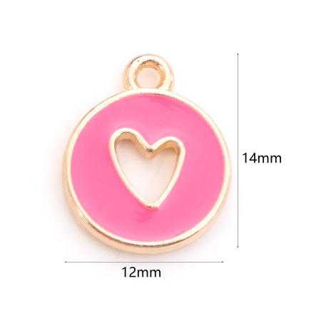 Bild von Zinklegierung, Valentinstag-Charms, vergoldet, Fuchsia, rundes Herz, doppelseitig, Emaille, 14 mm x 12 mm, 10 Stück