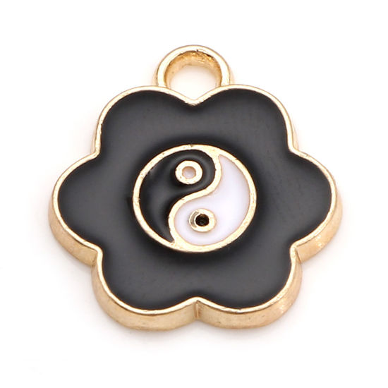 Picture of Zinc Based Alloy Religious Charms Gold Plated Black Flower Yin Yang Symbol Enamel 16mm x 15mm, 10 PCs