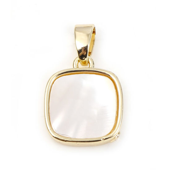Picture of 1 Piece Shell & Brass Geometric Charm Pendant Gold Plated White Square 17mm x 11mm