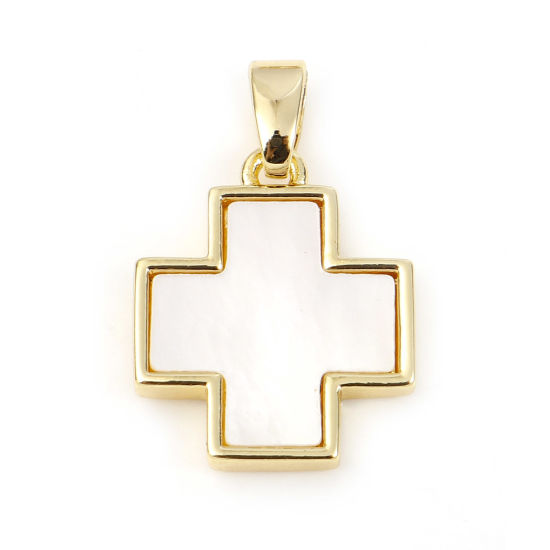 Picture of 1 Piece Shell & Brass Geometric Charm Pendant Gold Plated White Cross 20mm x 13mm