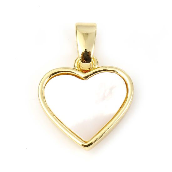 Picture of 1 Piece Shell & Brass Geometric Charm Pendant Gold Plated White Heart 17mm x 12mm