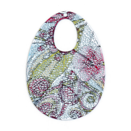 Picture of Iron Based Alloy Filigree Stamping Pendants Multicolor Drop Painted 5.1cm x 3.6cm, 5 PCs