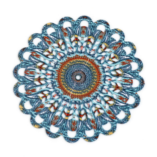 Bild von Eisenlegierung Filigran Stempel Verzierung Anhänger Rund Blau Spritzlackierung 4.7cm x 4.7cm, 5 Stück