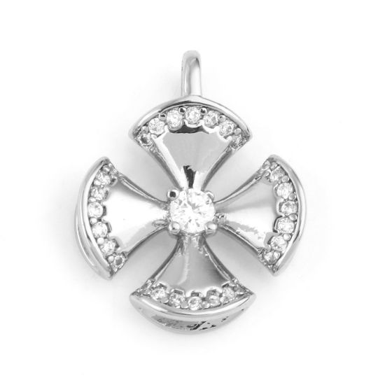 Изображение Латунь Подвески четырехугольник Настоящее платиновое покрытие Крест Прозрачный Искусственный Циркон 15мм x 13мм, 1 ШТ