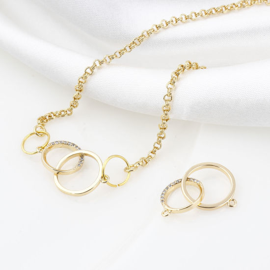 Image de Connecteurs en Laiton Plaqué Or Véritable Double Cercle à Zircone Cubique Clair 21mm x 13mm, 1 Pièce