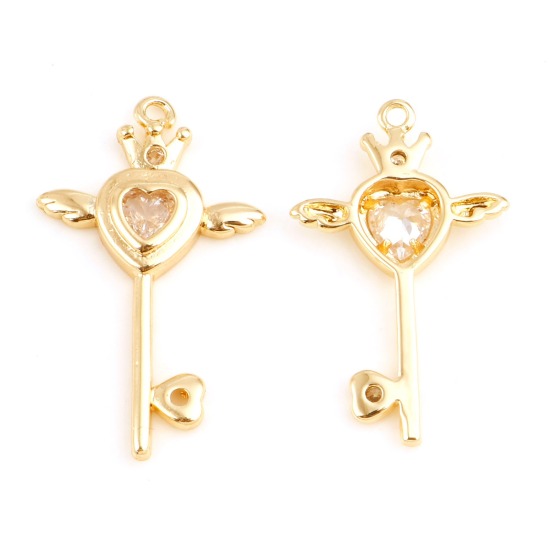 Изображение Латунь Подвески Ключи настоящее золото с покрытием Крыло Прозрачный Искусственный Циркон 3.1см x 1.9см, 1 ШТ