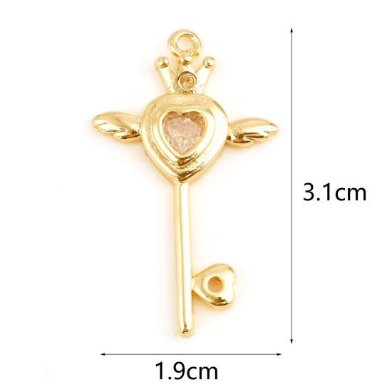 Изображение Латунь Подвески Ключи настоящее золото с покрытием Крыло Прозрачный Искусственный Циркон 3.1см x 1.9см, 1 ШТ