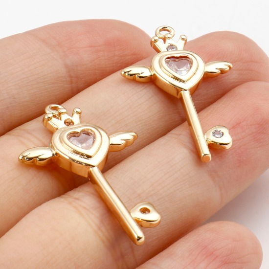 Изображение Латунь Подвески Ключи настоящее золото с покрытием Крыло Прозрачный Искусственный Циркон 3.1см x 1.9см, 1 ШТ
