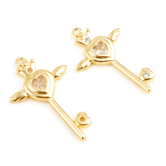 Изображение Латунь Подвески Ключи настоящее золото с покрытием Крыло Прозрачный Искусственный Циркон 3.1см x 1.9см, 1 ШТ