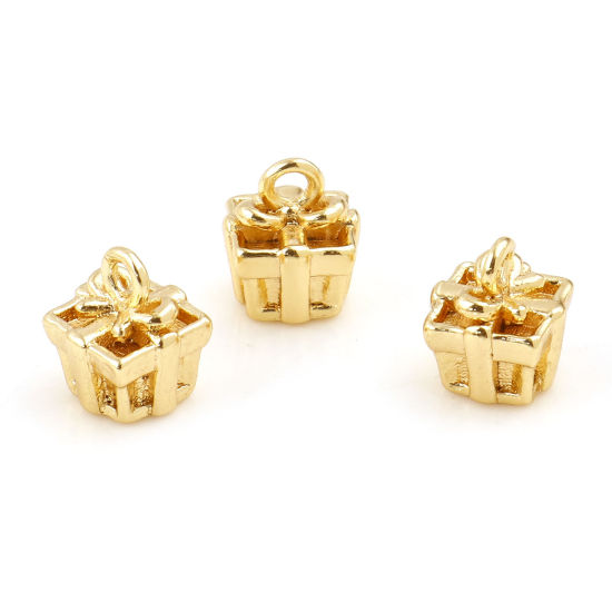 Image de Breloques en Laiton Boîte à cadeau Plaqué Or Véritable 3D 7mm x 6mm, 5 Pcs