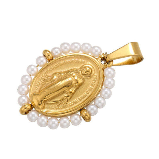 Bild von Edelstahl & Perle Religiös Anhänger Oval Vergoldet Weiß Heilige Maria Mutter Gottes 38mm x 24mm, 1 Stück
