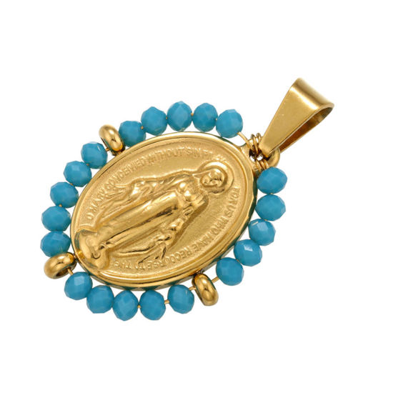 Bild von Edelstahl & Glas Religiös Anhänger Oval Vergoldet Blau Heilige Maria Mutter Gottes 38mm x 24mm, 1 Stück