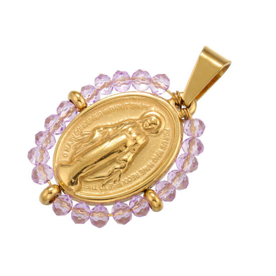 Bild von Edelstahl & Glas Religiös Anhänger Oval Vergoldet Lila Heilige Maria Mutter Gottes 38mm x 24mm, 1 Stück