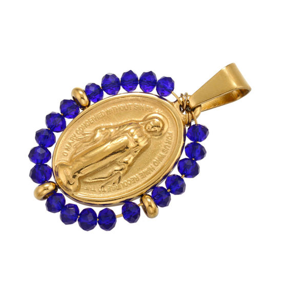Bild von Edelstahl & Glas Religiös Anhänger Oval Vergoldet Dunkelblau Heilige Maria Mutter Gottes 38mm x 24mm, 1 Stück