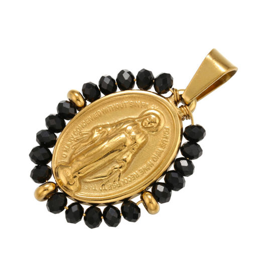 Bild von Edelstahl & Glas Religiös Anhänger Oval Vergoldet Schwarz Heilige Maria Mutter Gottes 38mm x 24mm, 1 Stück