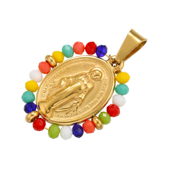 Bild von Edelstahl & Glas Religiös Anhänger Oval Vergoldet Bunt Heilige Maria Mutter Gottes 38mm x 24mm, 1 Stück