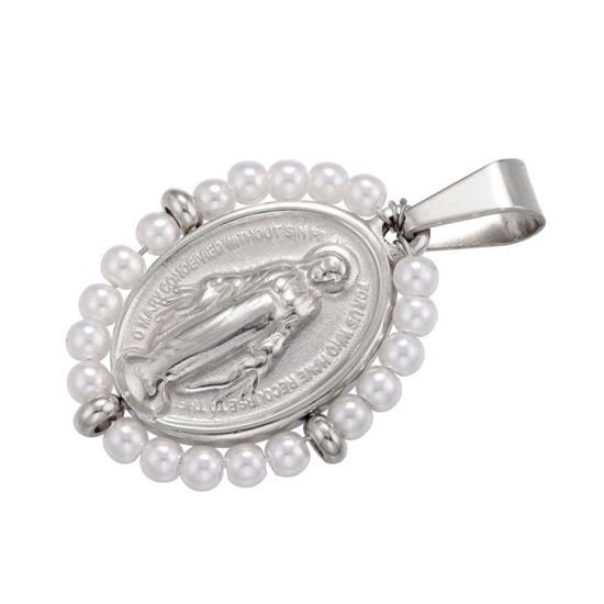 Bild von Edelstahl & Perle Religiös Anhänger Oval Silberfarbe Weiß Heilige Maria Mutter Gottes 38mm x 24mm, 1 Stück