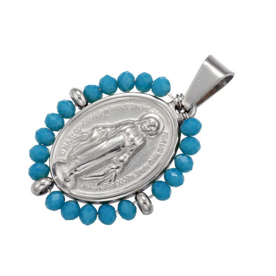 Bild von Edelstahl & Glas Religiös Anhänger Oval Silberfarbe Blau Heilige Maria Mutter Gottes 38mm x 24mm, 1 Stück