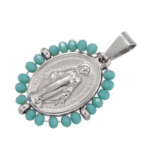Bild von Edelstahl & Glas Religiös Anhänger Oval Silberfarbe Grün Heilige Maria Mutter Gottes 38mm x 24mm, 1 Stück