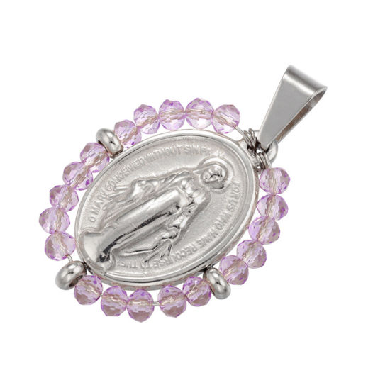 Bild von Edelstahl & Glas Religiös Anhänger Oval Silberfarbe Lila Heilige Maria Mutter Gottes 38mm x 24mm, 1 Stück
