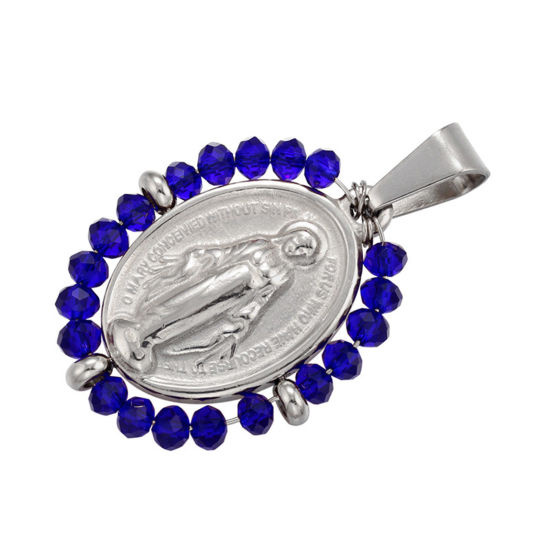 Bild von Edelstahl & Glas Religiös Anhänger Oval Silberfarbe Dunkelblau Heilige Maria Mutter Gottes 38mm x 24mm, 1 Stück