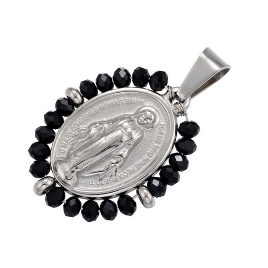 Bild von Edelstahl & Glas Religiös Anhänger Oval Silberfarbe Schwarz Heilige Maria Mutter Gottes 38mm x 24mm, 1 Stück