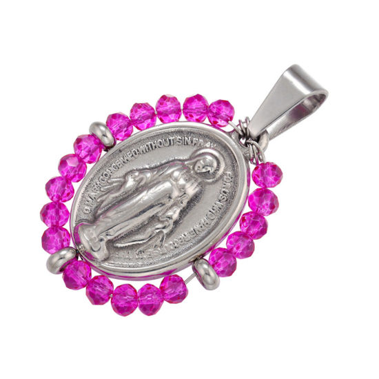 Bild von Edelstahl & Glas Religiös Anhänger Oval Silberfarbe Fuchsie Heilige Maria Mutter Gottes 38mm x 24mm, 1 Stück