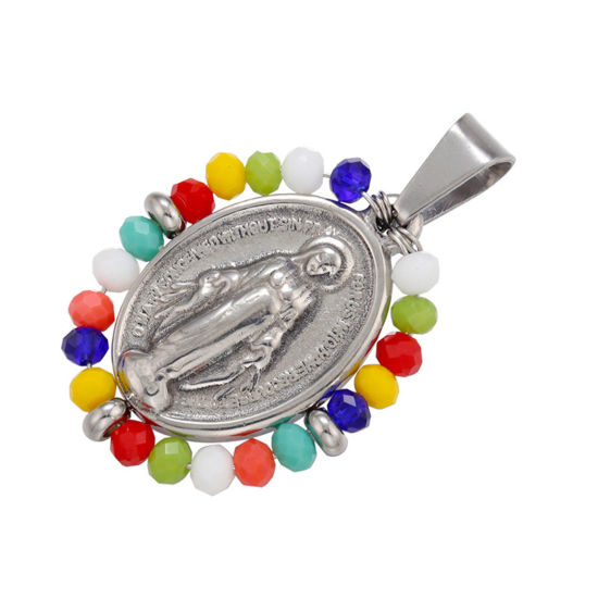 Bild von Edelstahl & Glas Religiös Anhänger Oval Silberfarbe Bunt Heilige Maria Mutter Gottes 38mm x 24mm, 1 Stück