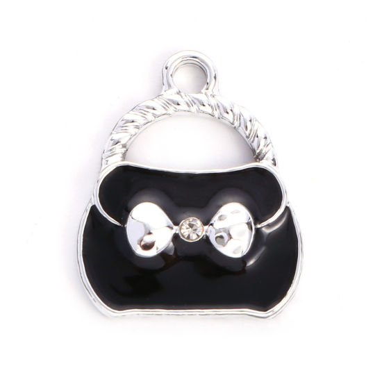 Imagen de Zamak Ropa Colgantes Charms Bolsa de mano Tono de Plata Negro Transparente Rhinestone Esmalte 19mm x 16mm, 10 Unidades