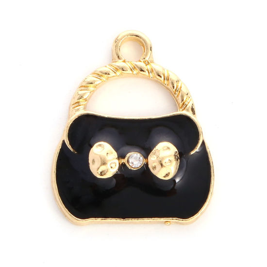Imagen de Zamak Ropa Colgantes Charms Bolsa de mano Chapado en Oro Negro Transparente Rhinestone Esmalte 19mm x 16mm, 10 Unidades