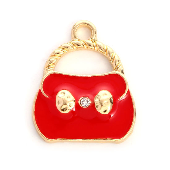 Imagen de Zamak Ropa Colgantes Charms Bolsa de mano Chapado en Oro Rojo Transparente Rhinestone Esmalte 19mm x 16mm, 10 Unidades