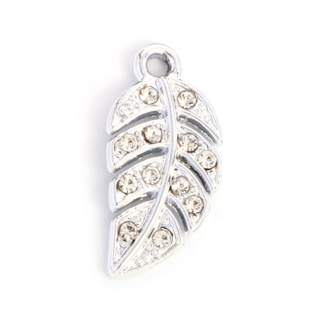 Picture of Zinc Based Alloy Charms Silver Tone Leaf Clear Rhinestone 23mm x 11mm, 10 PCs