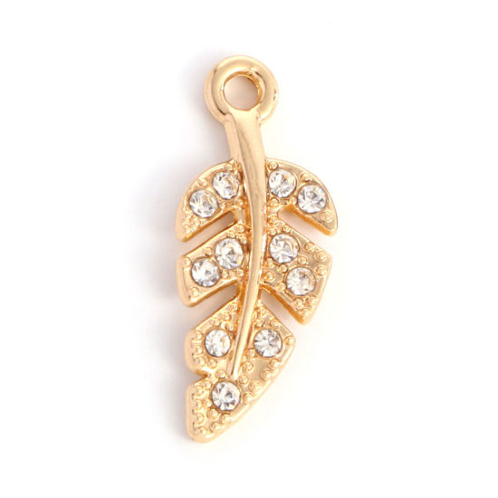 Picture of Zinc Based Alloy Charms Gold Plated Leaf Clear Rhinestone 21mm x 9mm, 10 PCs