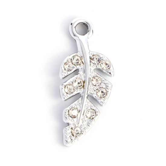 Picture of Zinc Based Alloy Charms Silver Tone Leaf Clear Rhinestone 21mm x 9mm, 10 PCs