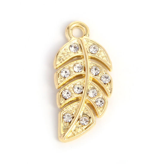 Picture of Zinc Based Alloy Charms Gold Plated Leaf Clear Rhinestone 23mm x 11mm, 10 PCs