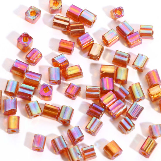 Bild von Glas Quadratische Rocailles Perlen Bernsteingelb Transparent AB Farbe ca. 4mm x 4mm, Loch:ca. 1.2x1.2mm, 100 Gramm