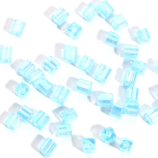 Bild von Glas Quadratische Rocailles Perlen Hellblau Transparent AB Farbe ca. 4mm x 4mm, Loch:ca. 1.2x1.2mm, 100 Gramm