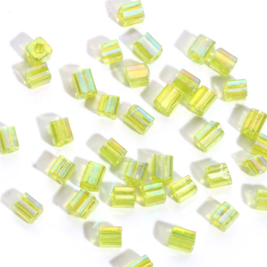 Bild von Glas Quadratische Rocailles Perlen Gelbgrün Transparent AB Farbe ca. 4mm x 4mm, Loch:ca. 1.2x1.2mm, 100 Gramm
