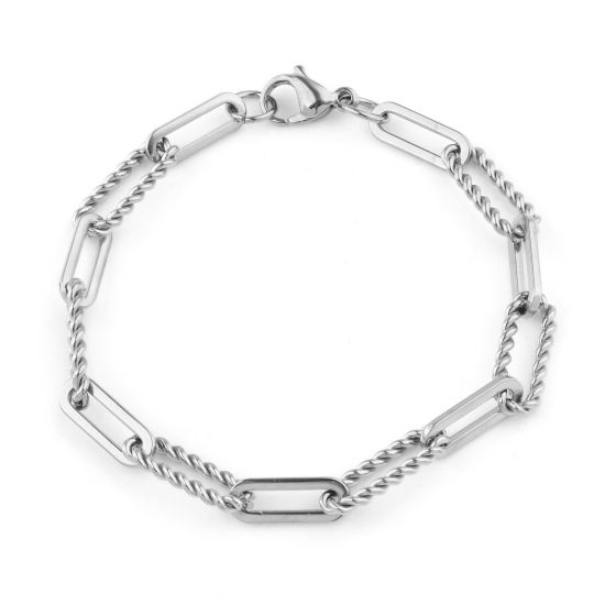 Image de Bracelets en 304 Acier Inoxydable Chaîne Maille Forçat Ovale Argent Mat Fait Main 19cm long, 1 Pièce