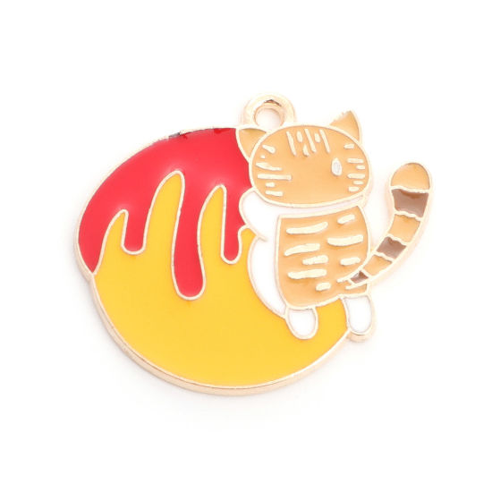 Bild von Zinklegierung Charms Katze Vergoldet Bunt Kuchen Emaille 29mm x 25mm, 10 Stück