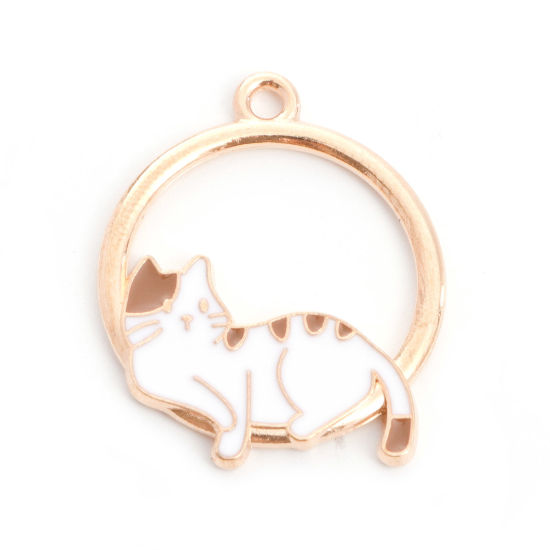 Immagine di 10 Pz Lega di Zinco Ciondoli Oro Placcato Bianco & Caffè Tondo Gatto Smalto 28mm x 23mm