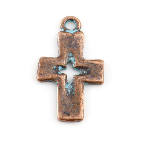 Picture of 20 PCs Zinc Based Alloy Religious Charms Antique Copper Green Blue Patina Finish Verdigris Effect Cross Hollow 23mm x 14mm