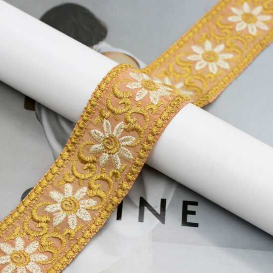 Picture of Polyester Ethnic Jacquard Webbing Ribbon Khaki Flower Embroidered 4cm, 10 Yards
