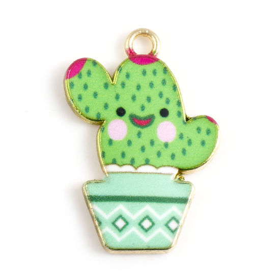 Imagen de Zamak Colgantes Charms Cactus Chapado en Oro Verde Esmalte 23mm x 16mm, 10 Unidades
