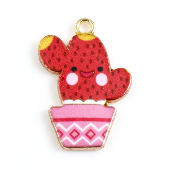 Imagen de Zamak Colgantes Charms Cactus Chapado en Oro Fucsia Esmalte 23mm x 16mm, 10 Unidades