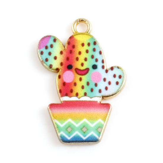 Imagen de Zamak Colgantes Charms Cactus Chapado en Oro Multicolor Esmalte 23mm x 16mm, 10 Unidades