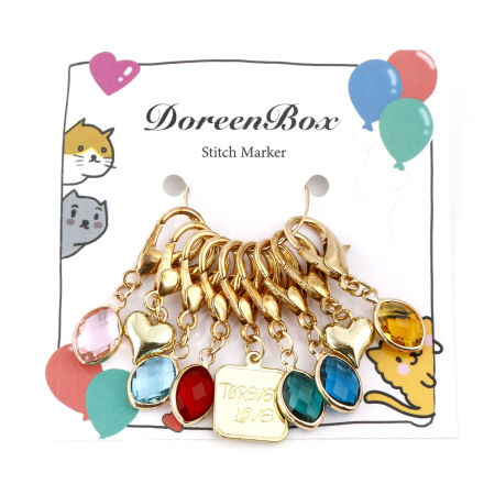 Alloy Birthstone Knitting Stitch Markers Marquise Heart KC Gold Plated 4.1x1.5cm - 3.5x1.2cm, 1 Set ( 9 PCs/Set)