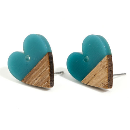 Bild von Harz & Natürliches Holz Valentinstag Ohrring Ohrstecker Zubehör Herz Cyan Mit Öse 18mm x 17mm, Drahtstärke: (21 gauge), 6 Stück