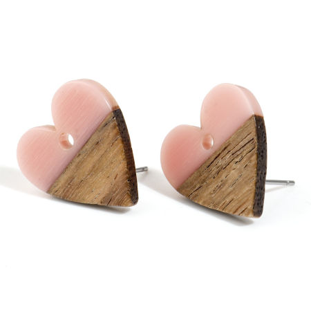 Bild von Harz & Natürliches Holz Valentinstag Ohrring Ohrstecker Zubehör Herz Rosa Mit Öse 18mm x 17mm, Drahtstärke: (21 gauge), 6 Stück