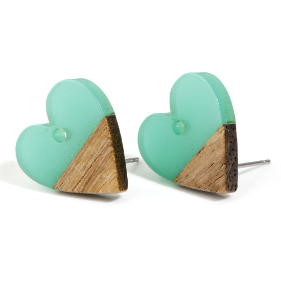 Bild von Harz & Natürliches Holz Valentinstag Ohrring Ohrstecker Zubehör Herz Grün Mit Öse 18mm x 17mm, Drahtstärke: (21 gauge), 6 Stück